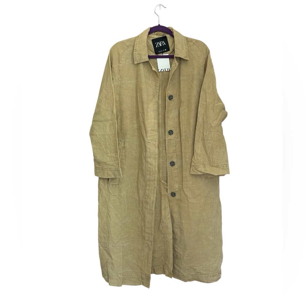 NWT Zara ZW Collection Fluid Washed Trench Coat Linen Oversized Neutral Size M - Picture 2 of 14